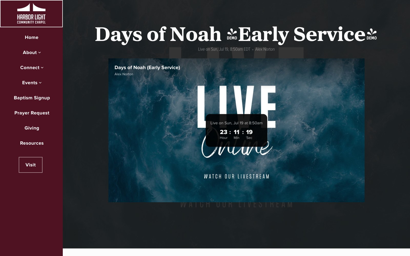 The chapel's live page counting down to Sunday's stream