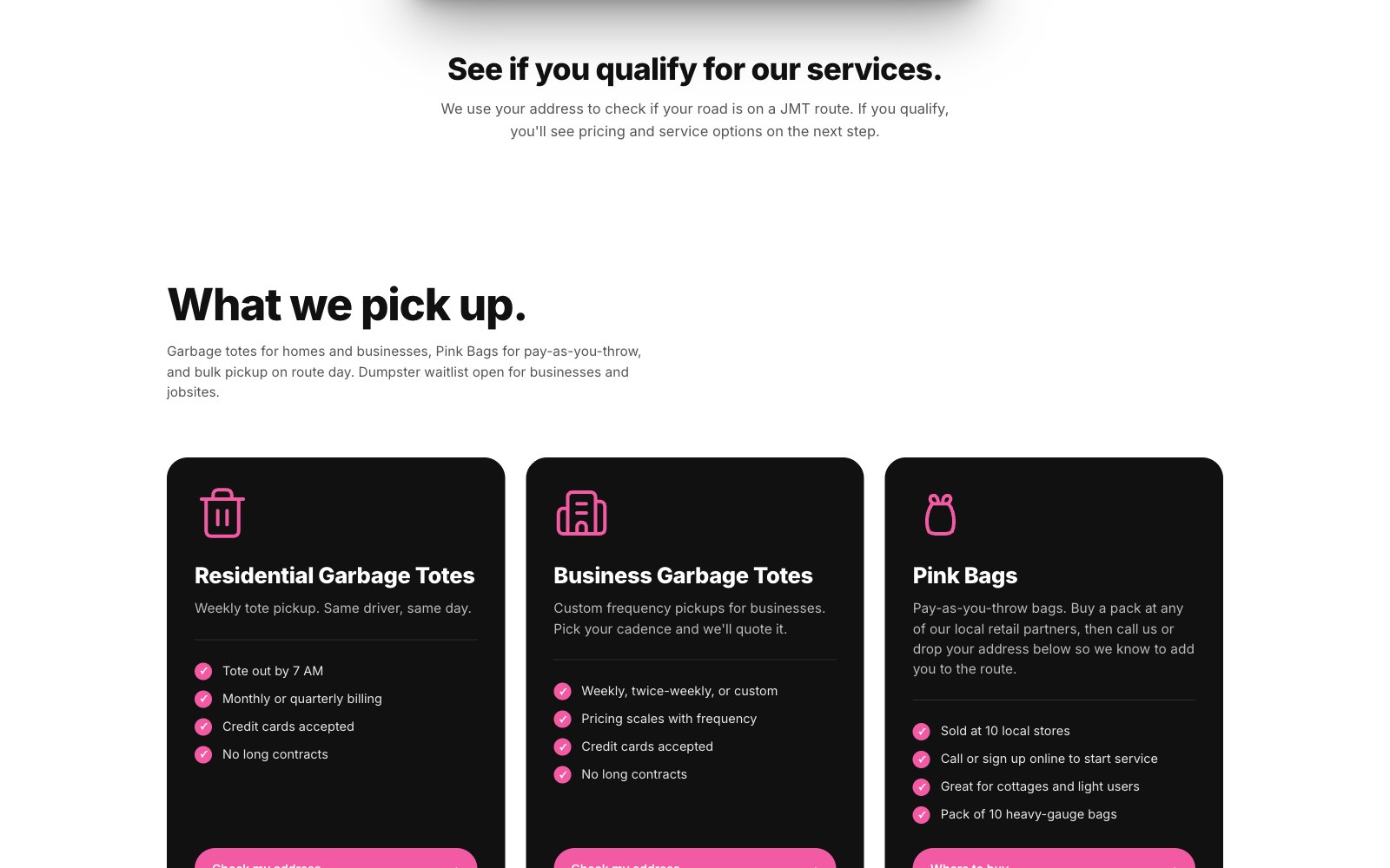 What we pick up — residential totes, business totes, and Pink Bags service cards