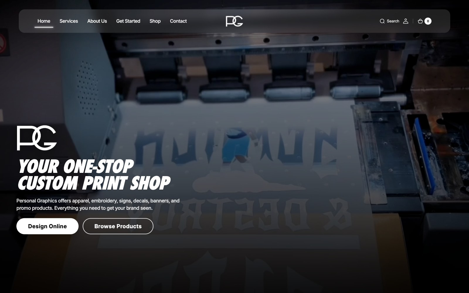personalgraphicsonline.com — your one-stop custom print shop, with the Design Online flow