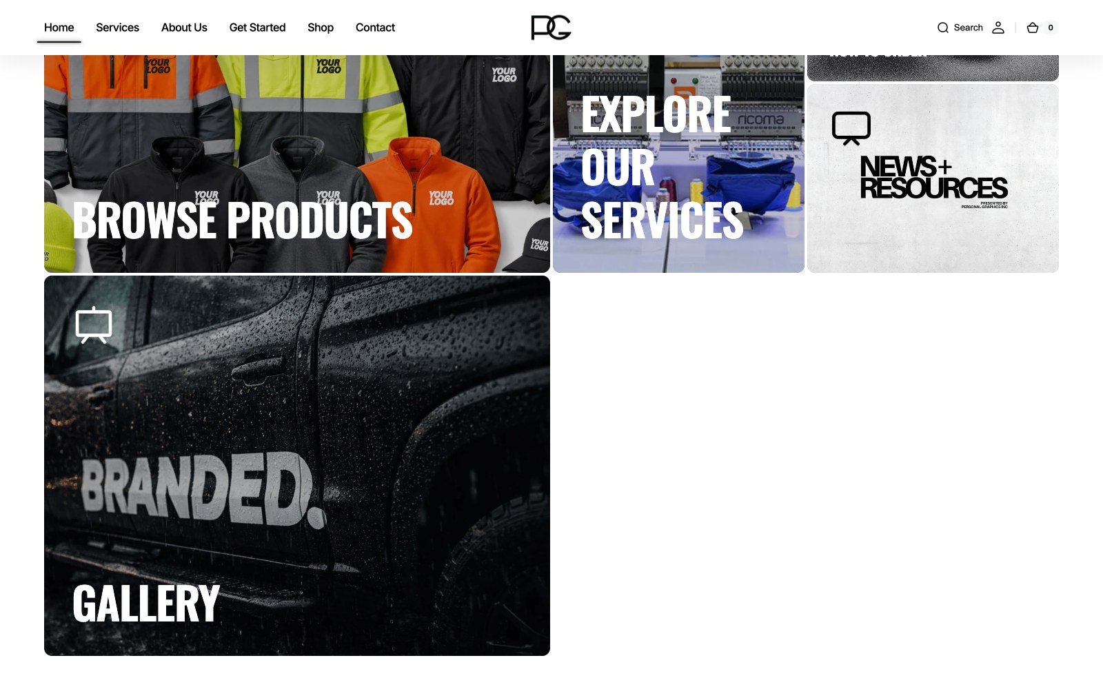 Personal Graphics storefront — browse products, services, and branded workwear