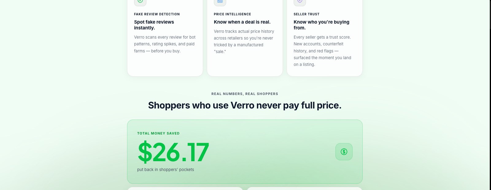 Verro's protections — fake review detection, price intelligence, seller trust